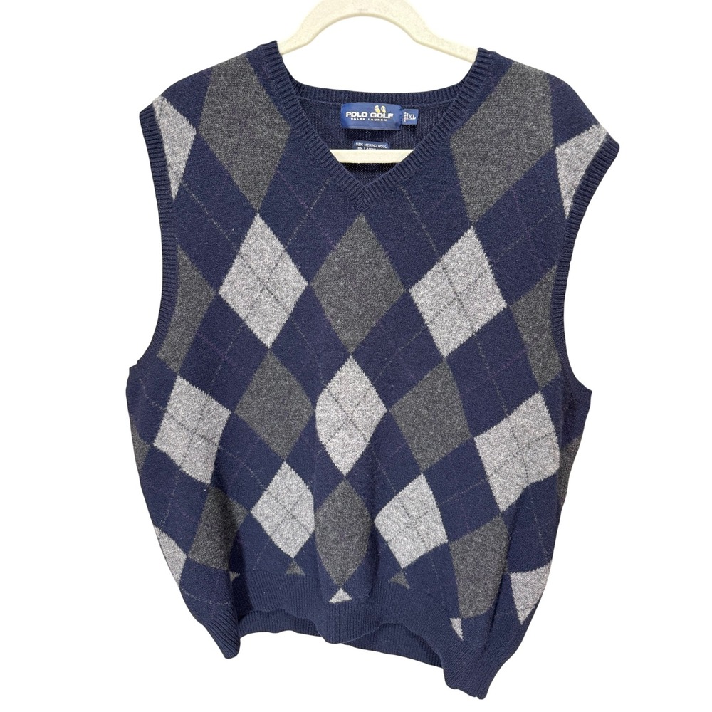 Polo Golf Ralph Lauren Sweater Vest Mens XL Navy Argyle Merino Lambswool V-Neck